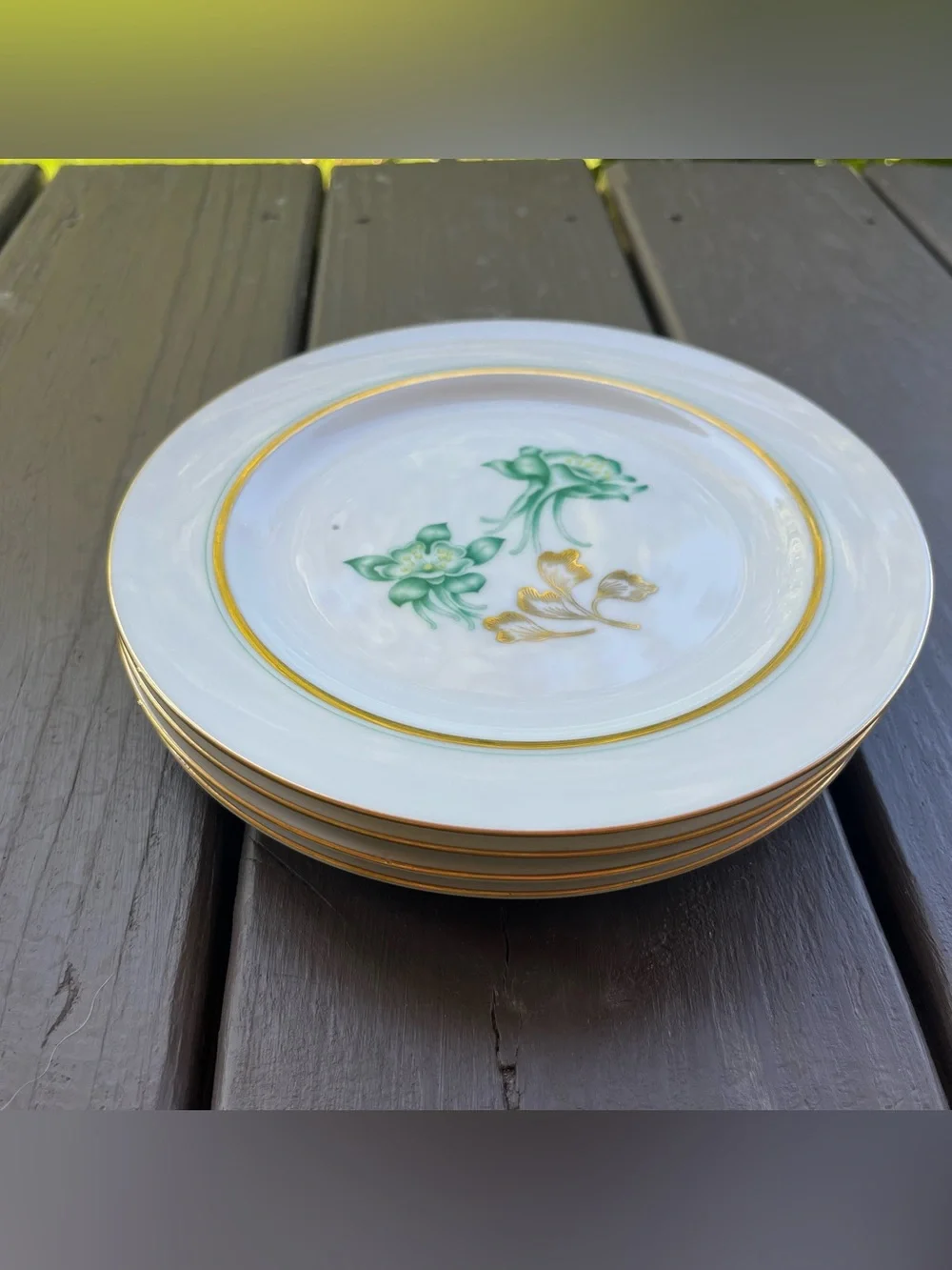 Vintage Wentworth China 4 Columbine Green Floral Salad Plates Gold Trim Cottage